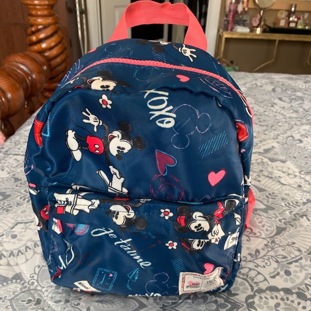 IDisney Parks Kids Blue Pink Mickey Minnie Love Card Zipper mini Backpack